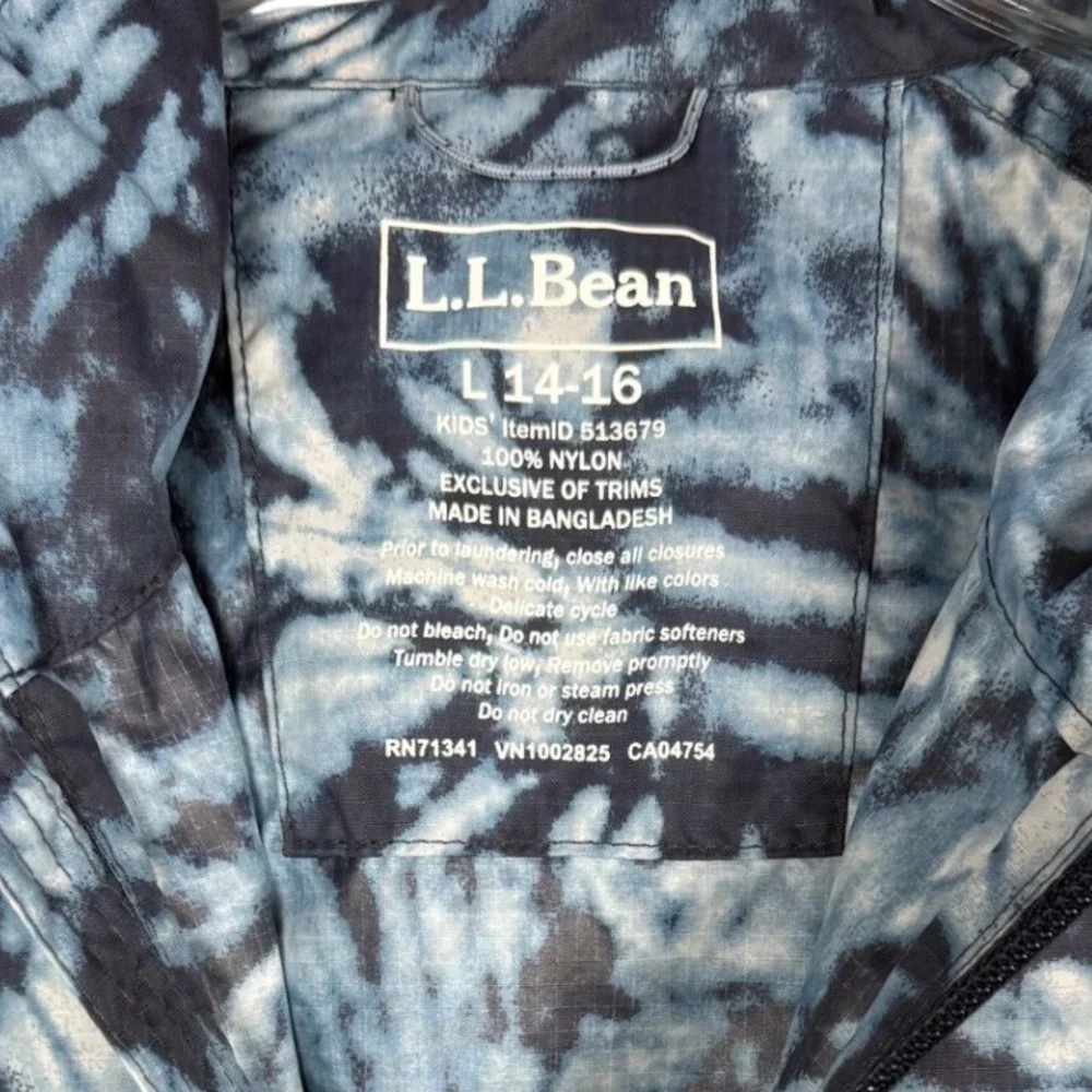 LL BEAN Kids Windbreaker Rain Jacket, Hooded, Blue Tie Dye, Size Large 14-16